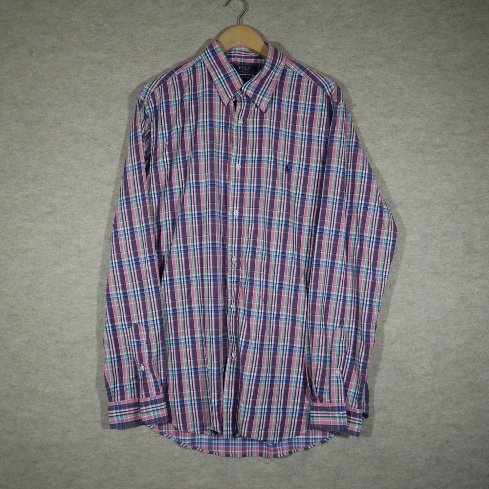 Polo Ralph Lauren Shirt Mens XL Pink Purple Plaid Classic Fit Performance L/S
